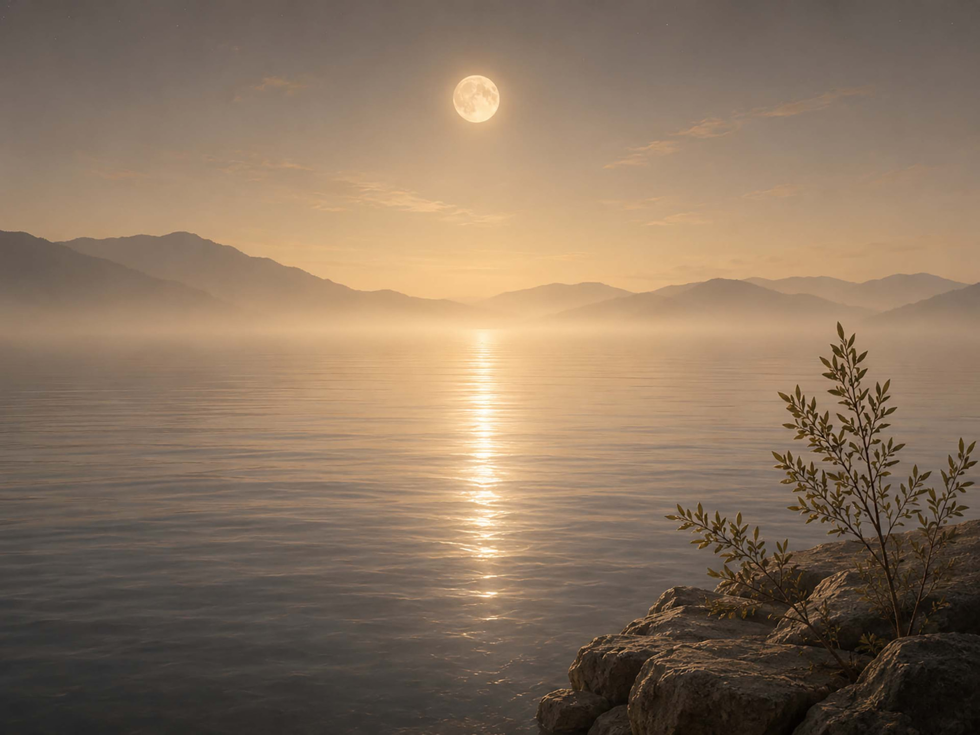 Moonlight reflected on a still lake with soft mountains in the distance