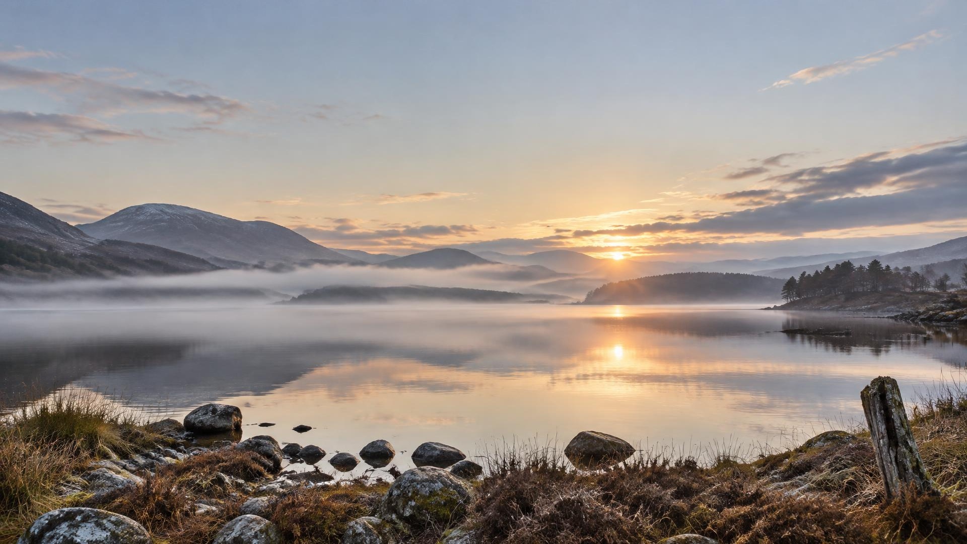 A Scottish Highland loch at dawn, with mist over still water and wet stones along the shoreline